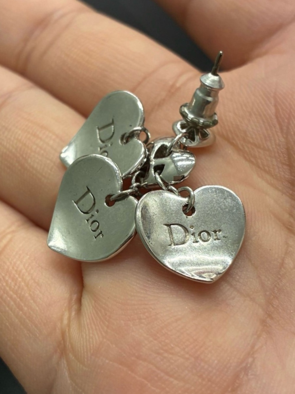 Dior Silver Heart Charm Cluster Drop Earrings - Picture 3 of 8